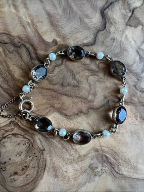 Vintage Smoky Quartz and Pearl Gold Tone Bracelet with safety clasp. Small